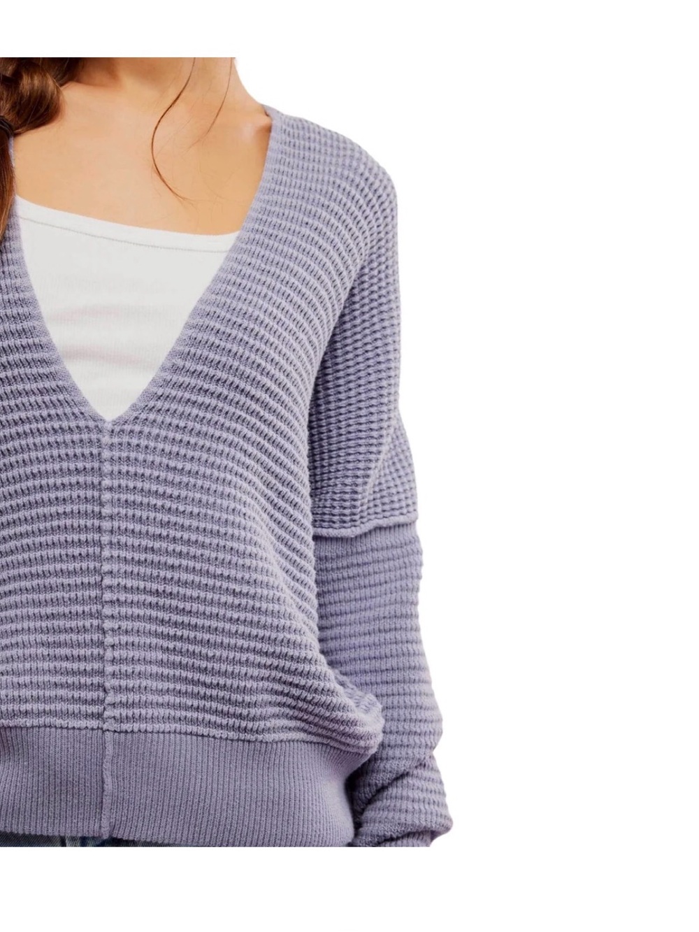 Free People Lavender V-Neck Waffle Knit Sweater